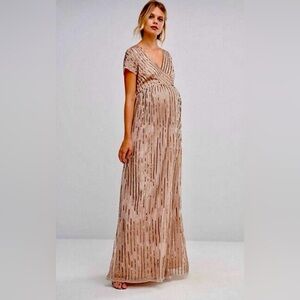 Maya Maternity US 10 Gold Sequin Formal Maxi Dress V-Neck NWT Nude Taupe